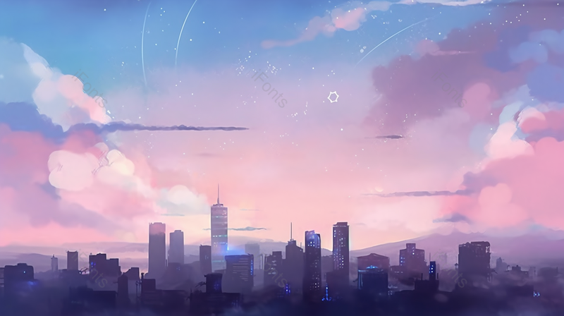 唯美渐变夜空星星城市建筑剪影插画,插画/手绘图,插画/手绘图库,插画/手绘图下载,插画/手绘